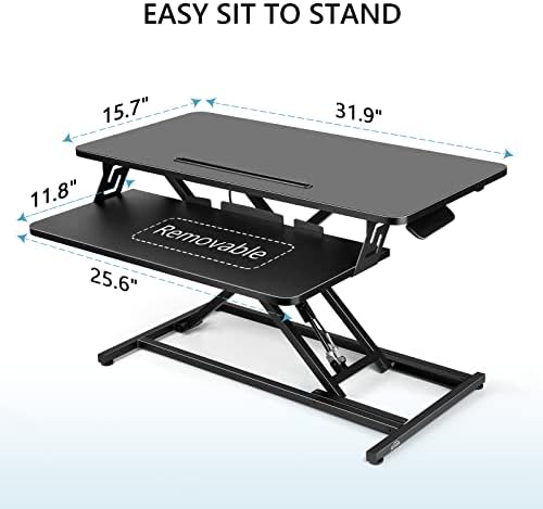 Standing Up Desk Converter 32" Height Adjustable Sit Stand Desk with Removable Keyboard Tray, Large Desk Riser Ergonomic Gas Spring Dual Monitor Workstation for Home Office