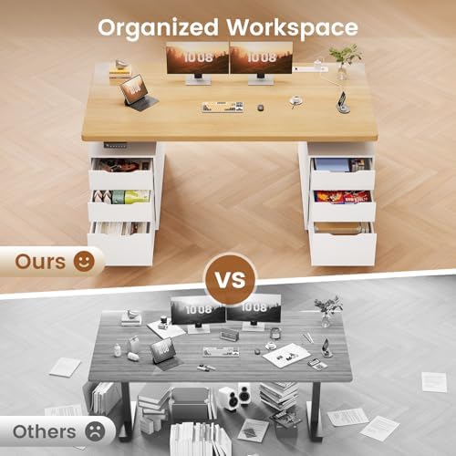 SEDETA 55" Electric Standing Desk with 6 Drawers, Adjustable Stand up Desk with Storage, Computer Desks with Power Outlets for Home Office, White + Oak