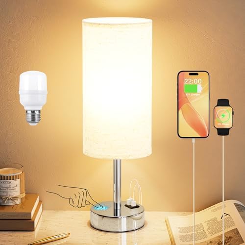 Dicoool Bedside Table Lamp for Bedroom - Touch Desk Lamp with USB A+C Port
