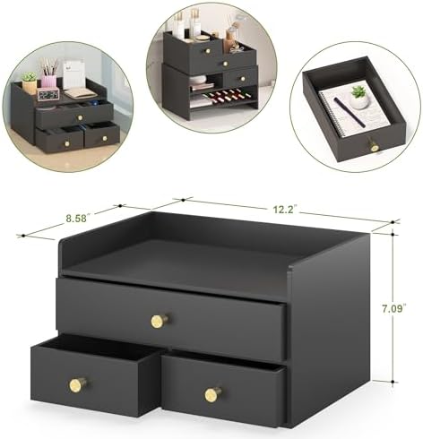 Bamboo Desk Organizer - Stackable, No Assembly Required, Ideal for Office/Home Use - Perfect for Toiletries, Stationery, Accessories. (Black, Fence three Desk Organizer)