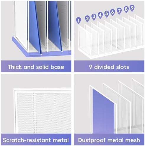 9-Section Desk File Organizer, Vertical File Holder, Mesh Desktop File Folder Metal File Organizer Stand for Office Home Classroom, White
