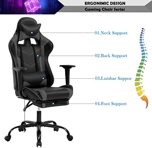 Grey Massage Gaming Chair with Footrest, PU Leather Gaming Chairs for Adults, High Back Office Chair Ergonomic Desk Chair Computer Chair, Reclining Gamer Chair, Height & Backrest Adjustable, 300 Lbs