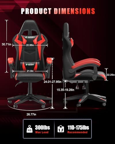 Bigzzia Gaming Chair with RGB LED Lights for Kids & Adults, High Back Ergonomic Computer Gamer Chair with Headrest and Lumbar Support, Racing Style Reclining Game Chair (Black/Red)