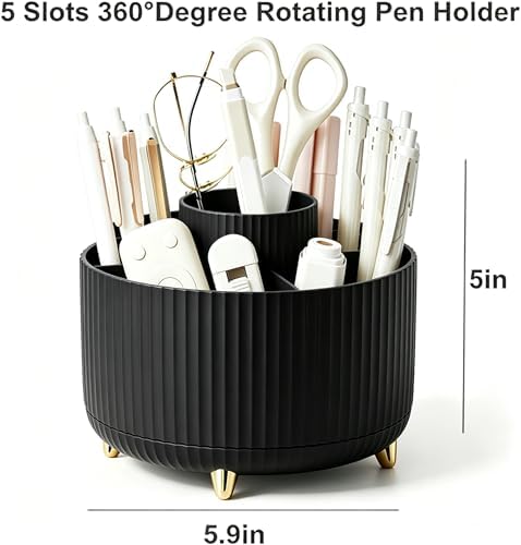 Pencil Pen Holder 5 Slots 360°Degree Rotating Pen Organizers for Desk Desktop Storage Stationery Supplies Cute Pencil Cup Pot Kids Desk Organizer for Office Home School（Black）