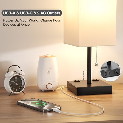 aooshine 17.4" White Bedside Table Lamp for Bedroom - USB C+A, 2 AC Outlets