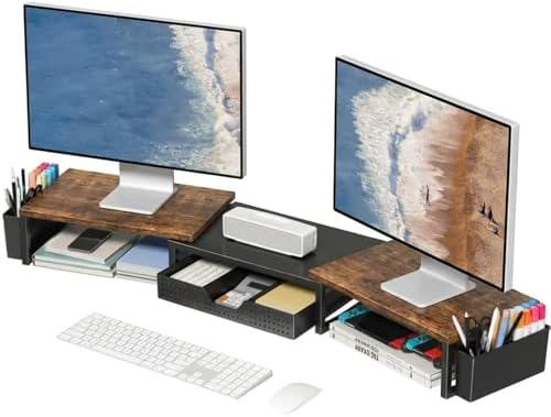 OPNICE Desk Organizers and Accessories, Dual Monitor Stand Riser with Drawer and 2 Pen Holders, Desk Shelf Printer Stand for Office Workspace Organizers, Desktop Organization (Rustic Brown)
