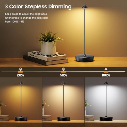 Set of 2 LED Cordless Table Lamp, Rechargeable Battery Operated Dimmable Restaurant Table Lamp, 6000mAh, Outdoor Patio Black