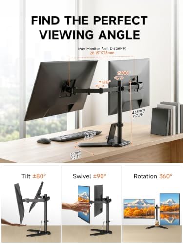 Bracwiser Dual Monitor Stand Mount, Free-Standing Full Motion Monitor Desk Mount for Two 13-32 inch, 15.43lbs, Adjustable Angle Height Monitors Arm, Desk Stand, Ergonomic L Feet, Black (ML7442)