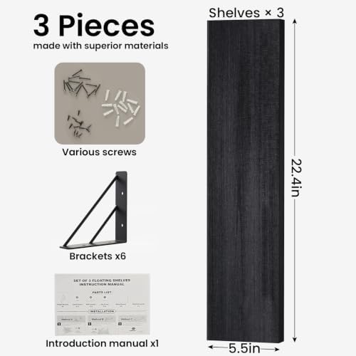 BAYKA 22.4 Inch Long Wall Mounted Floating Shelves (Black, Set of 3, 22.4")
