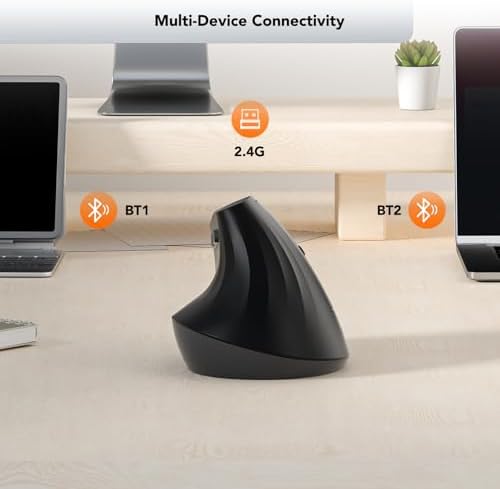 KYSONA EM18 Wireless Ergonomic Vertical Mouse, Ergo Design, Bluetooth Cordless Mouse for Medium/Large Hands, Silent Click, 5-Level Adjustable DPI, Carpal Tunnel Mice for Computer/PC/Mac/Laptop, Black