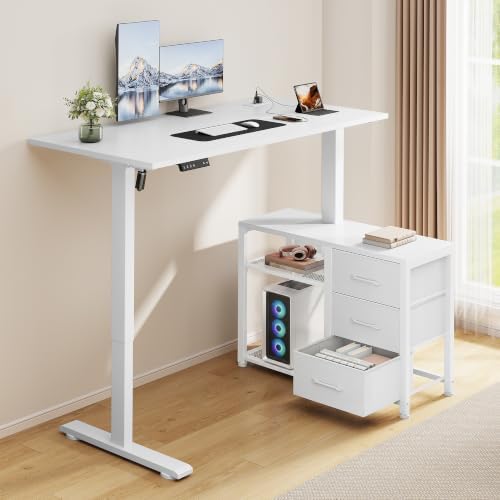 47 Inch L Shaped Desk with 3 Drawers Electric Standing Desks White
