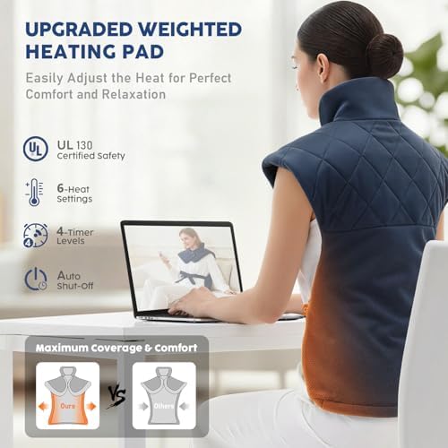 Electric Heating Pad for Neck Shoulders and Back Pain Relief, Large Weighted Neck Shoulders & Back Heat Pad, 6 Heat Settings Auto-Off, Gray