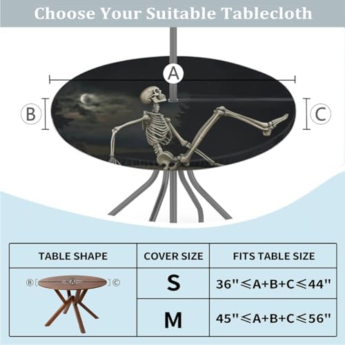 Outdoor Round Tablecloth with Hidden Umbrella Hole, Funny Skeleton Stretching Halloween Night Waterproof Table Covers with Elastic Zippered Machine Washable Table Cloths Mat 45-56 inch for Picnic