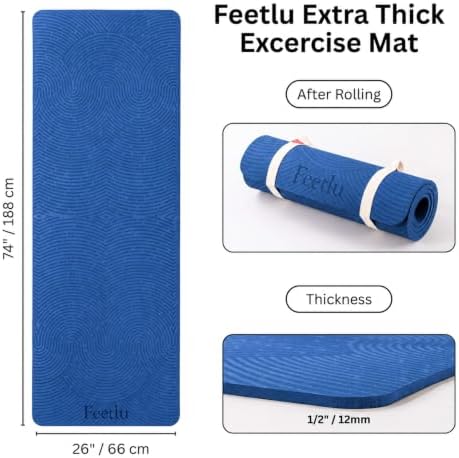 Extra Thick 12mm Exercise Mat, 74" x 26", Non-Slip with a Yoga Strap