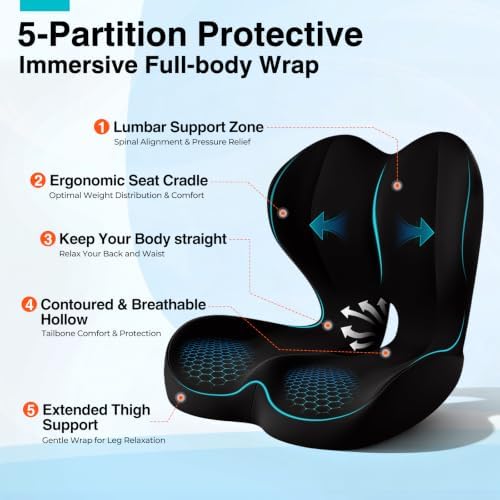 Seat Cushion for Office Chair and Car, L-Shaped Memory Foam Seat Cushion, Ergonomic Sciatica & Tailbone Pain Relief Cushion with Non-Slip Breathable Cover, Back Support for Office Chair-Black