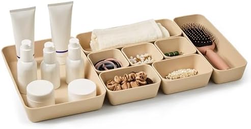 ISSEVE 8Pcs Silicone Bathroom Drawer Organizer Trays Set, 4 Sizes, Beige