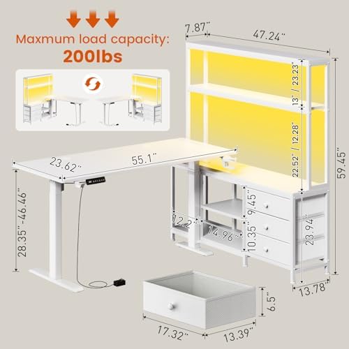 REAHOME 65Inch White L Shaped Standing Desk with Drawers and Hutch