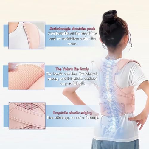 Back Brace Posture Corrector for Kids Teenagers Women, Adjustable Upper Back Straightener Lumbar Support Belt for Student Boys Girls Hunchback Scoliosis Pain Relief Spine Corrector (Pink, Large)