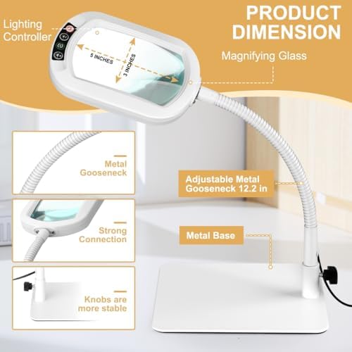 Veemagni 12X Rectangle Magnifying Glass with Light and Stand, Flexible Gooseneck LED Lighted Desk Lamp, 5 Color Modes Stepless Dimmable, Hands Free Magnifier for Reading Painting Close Work - White