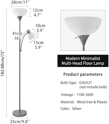 HonoDing Adjustable Silver Floor Lamp with Reading Light Susan Modern Standing Lamps for Living Room/Office Lamp 72" Tall - 150-watt with Side Reading Light Corner Lamps (Silver)