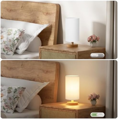 Fenmzee Small Table Lamps (White Shade - Wood Base, 9" Inline Control)