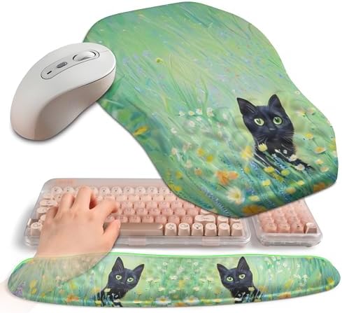 2-in-1 Ergonomic Set, Wave Keyboard Wrist Rest and Massage Slope Mouse Pad Wrist Support, Rebound Memory Foam for Relieve Carpal Tunnel Syndrome and Wrist Pain (Oil Painting Cats)