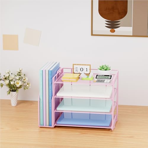 Marbrasse 4-Tier Paper Tray Organizer with File Holder, Pink