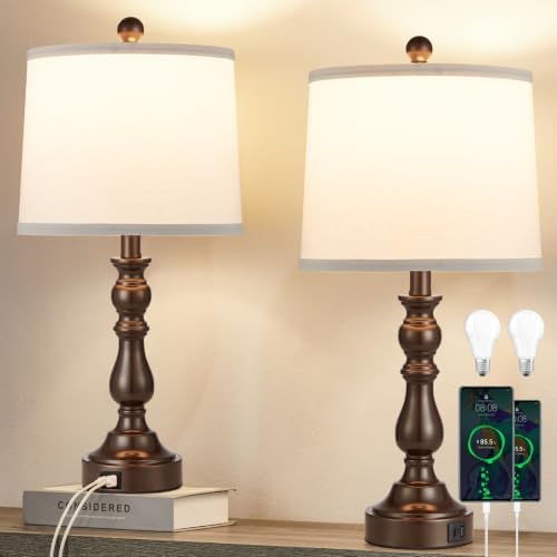 Brown Table Lamps Set of 2, Brown Lamps for Bedroom, USB C+A Ports