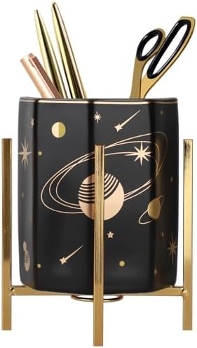 Planet Pencil Cup Sturdy Metal Frame with White Ceramic Pen Holder For Desks and kitchen Appliance Holders