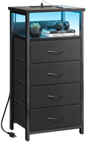 Fixwal Night Stand with Charging Station, Black Led Nightstand, 4 Drawers