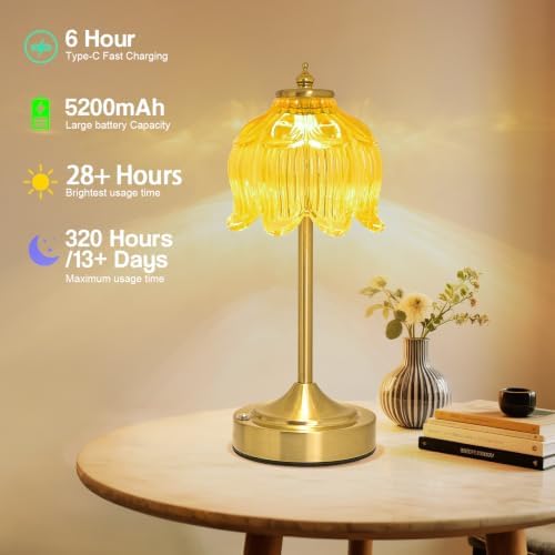 Cordless Table Lamp, Rechargeable Honey Gold Glass Lotus Flower Lamp