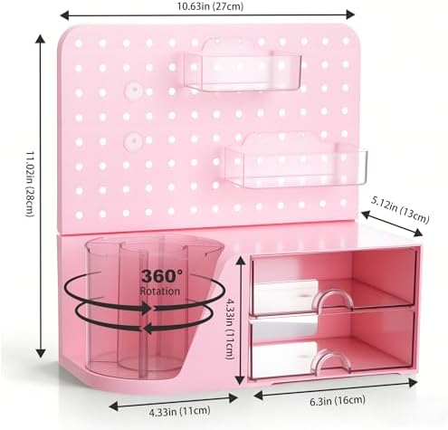 Comix Desk Organizer with 2 Drawer, Pink 360° Rotating Pen Holder for Desk
