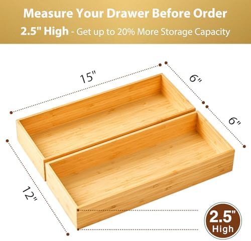 Umilife Bamboo Kitchen Utensils Organizer, Extra High Silverware Drawer Tray, Flatware Cutlery Storage Box, Multi-Use Holder in Office, Bathroom, Pantry - 15"x6"x2.5" (Set of 2)