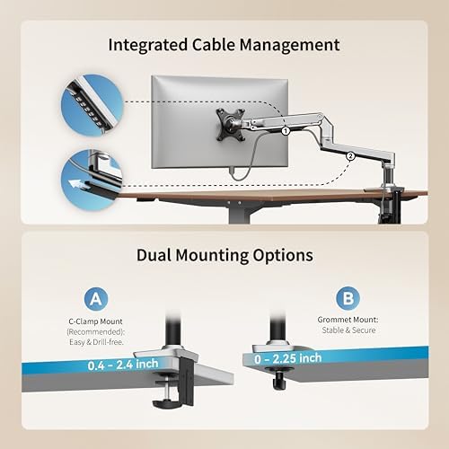 Ergounion Single Monitor Arm Desk Mount, Holds Screens up to 40 Inches and 25 lbs, Fully Adjustable Vesa Monitor Mount with C-Clamp and Grommet Base, Aluminum, Silver