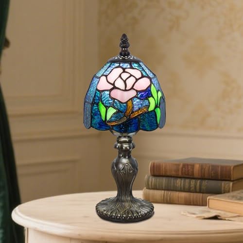 Small Tiffany Table Lamp, 3 Color-Temperature Roses Stained Glass Lamp,6 Inch Tiffany Style Lamp for Bedroom Living Room Home, Handcrafted Light, Included Bulb (Blue)