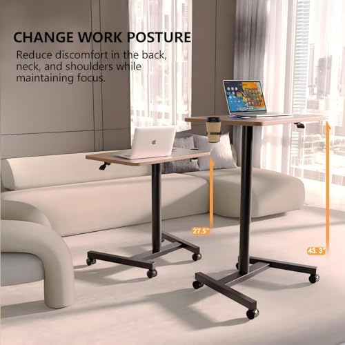 28-Inch Mobile Standing Desk, Computer Workstations with Cup Holder, Portable Standing Desk with Lockable Wheels, Rolling Table for Home Office Classroom Hospital (Walnut)