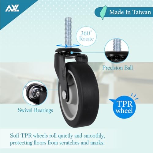 AXL 3 Inch Caster Wheels Set of 4, 3/8"-16 x 1-1/2" Threaded Stem Casters with Brake, Heavy Duty TPR Rubber Swivel Caster Wheels, Quiet Smooth Rolling Casters for Workbench, Cart, Cabinet, Shelving