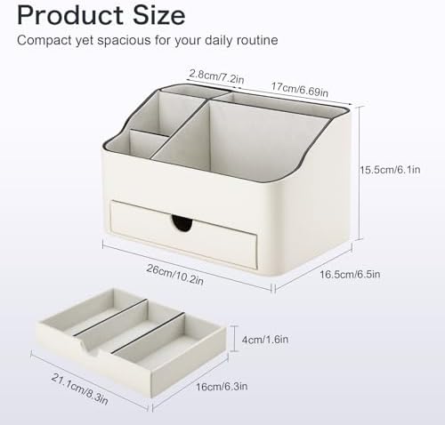 KINGFOM PU Leather Desk Organizer with Drawer, 5 Compartments Desktop Storage Caddy for Office Home Supplies, Pen Holder for Remote Control, Phone & Accessories, Mail Organizer Countertop Ivory White