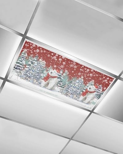 Red Christmas Magnetic Fluorescent Light Covers for Ceiling Lights 2 x 4 Feet,Snowflakes Retro Snowy Pine Tree Bear Office Classroom Kitchen Drop Ceiling Light Covers Filters Shade Panel 1 Pack