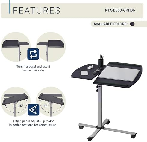 Techni Mobili Adjustable Height Rolling Laptop Cart w/ Tilting Top Graphite