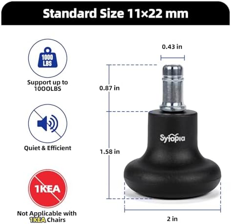 Sytopia Office Chair Bell Glides Replacement, Fixed Feet Wheel Stopper for Swivel Chairs and Stools, 7/16" x 7/8" Stem, Separate Self-Adhesive Felt Pads, Non-Slip Base, Quiet & Easy Install, 5 Pack