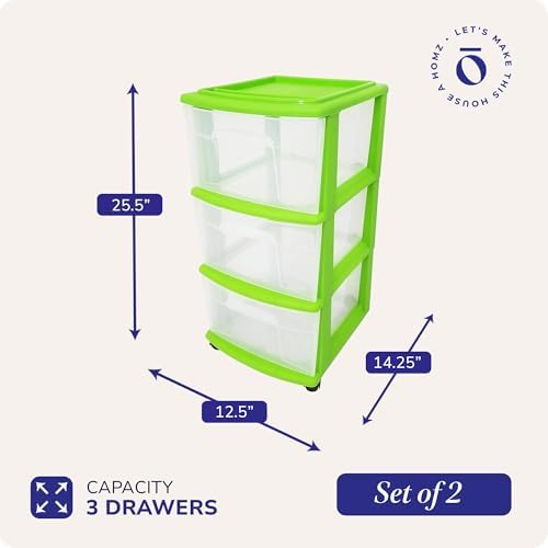 HOMZ Drawer Tower, 3-Tier Storage Cart with Removable Wheels, Lime, 2 Pack