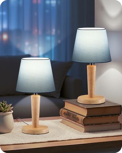 12" Wood Bedside Table Lamps Set of 2, Small Desk Lamps for Small Places, 3 Color Temperatures with Memory, Blue Linen Shade & E26 Bulbs, for Bedroom Living Room Office MU13TLP205