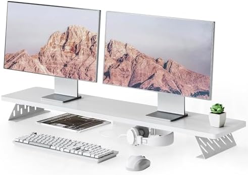 Fenge Monitor Stand Riser, Wooden & Metal Desk Shelf Organizer, White