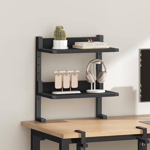HOOBRO Clamp On Desk Shelf, 2-Tier Desktop Organizer, Space-Saving Desk Shelf with Adjustable Shelves, for Office, Study, Entertainment Accessories, Black BK32SJ01