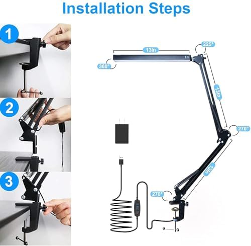 LED Desk Lamp for Home,Office,Reading,Adjustable Eye-Caring Desk Light with Clamp,Swing Arm Lamp Includes 3 Color Modes,10 Brightness Levels Table Lamps with Memory Function