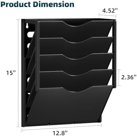 Marbrasse 5 Tier Wall File Organizer, Plastic Hanging File Holder for Mail, Magazines Paper Organizer Wall Mounted for Office Home (Black)