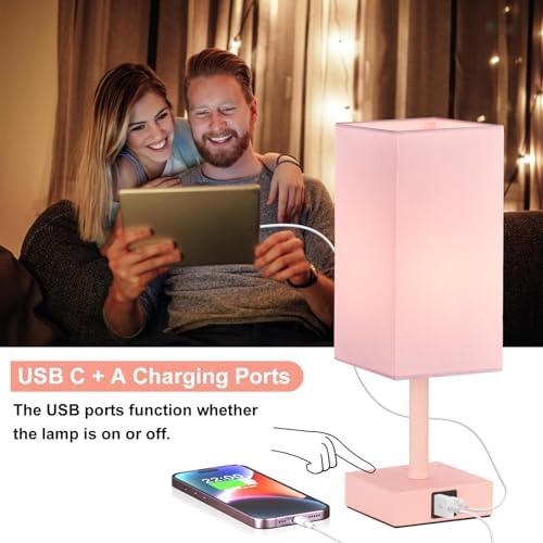 Touch Table Lamp for Bedroom - Dimmable, USB C+A, Pink Lamphade Pink Base