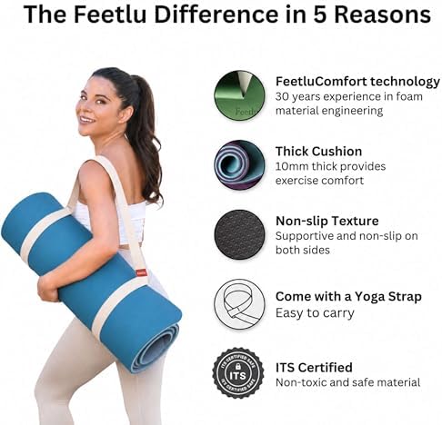 Extra Thick 10mm Yoga Mat, 72" x 24", Non-Slip with Carry Strap