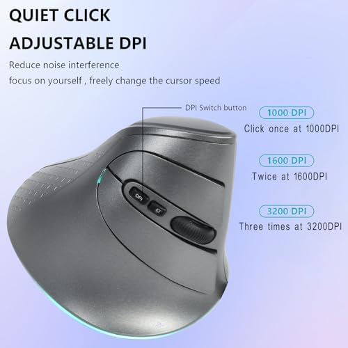 Wireless Mouse, Vertical Ergonomic Mouse 2.4G Bluetooth Dual Mode 3 DPI Rechargeable Connect Multiple Devices Vertical Mouse 6 Buttons and RGB Lights Suitable for PC Laptop Computer(Grey)